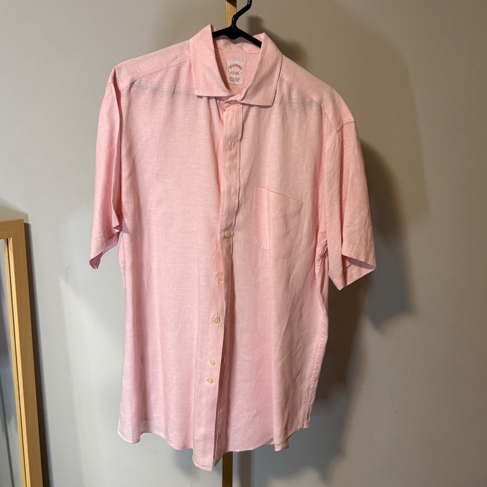 Brooks Brothers Mens Pink Irish Linen Short Sleeve Button Down Shirt Large Fit